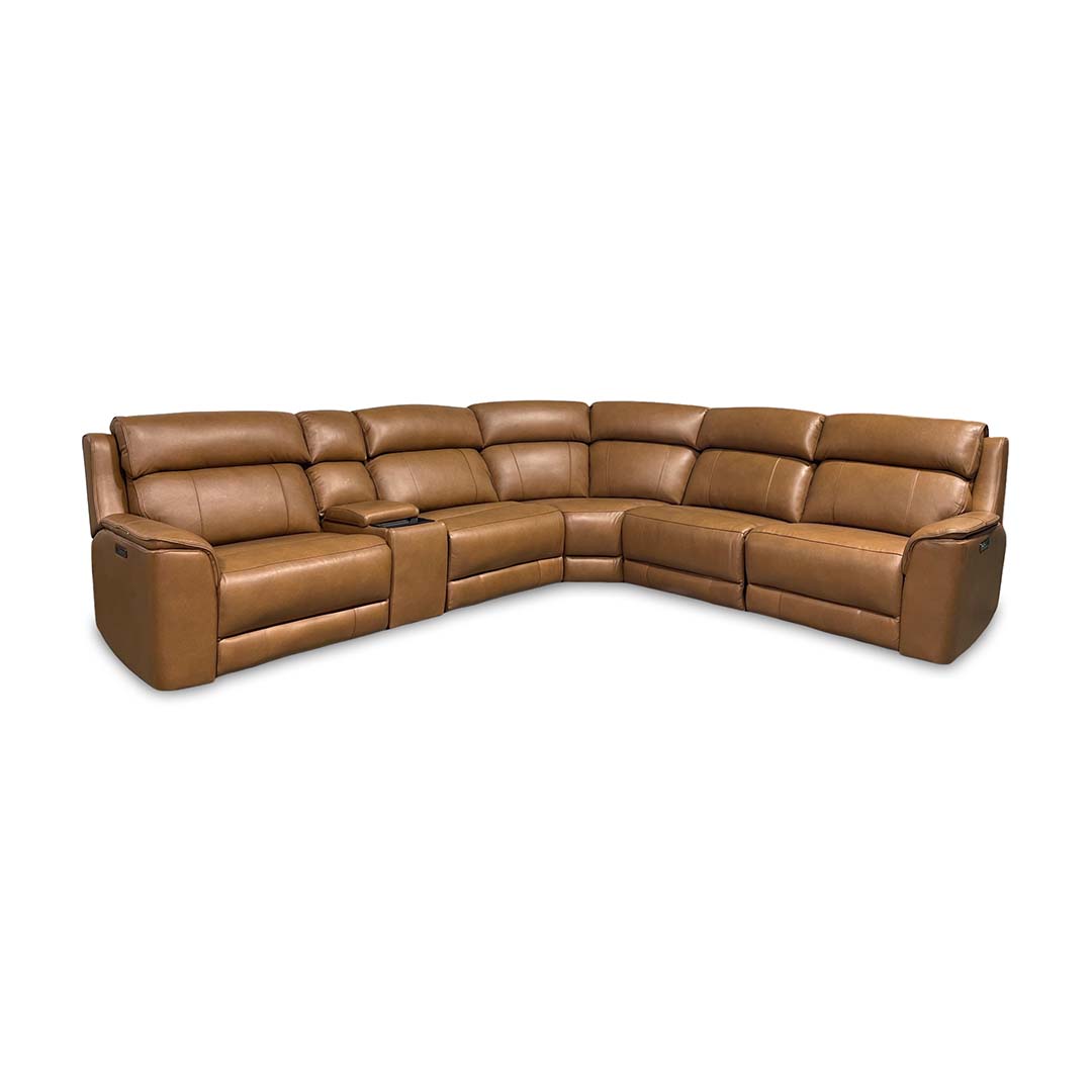Fonda Leather Power Reclining Sectional (6-Piece) from Cheers in Brown with Cup Holders, Storage - Reclined position
