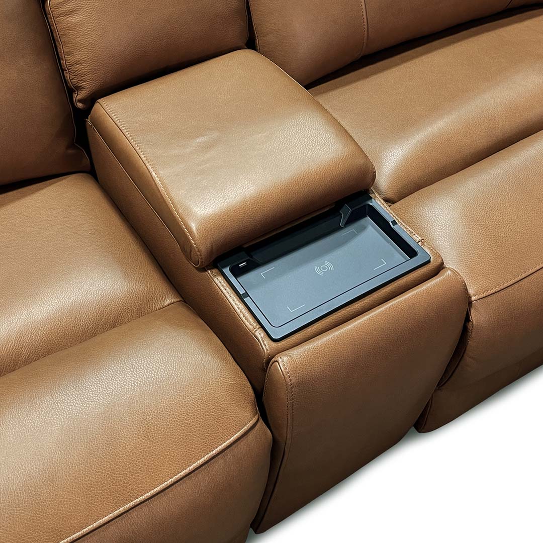 Fonda Leather Power Reclining Sectional (6-Piece) from Cheers in Brown with Cup Holders, Storage - Reclined position