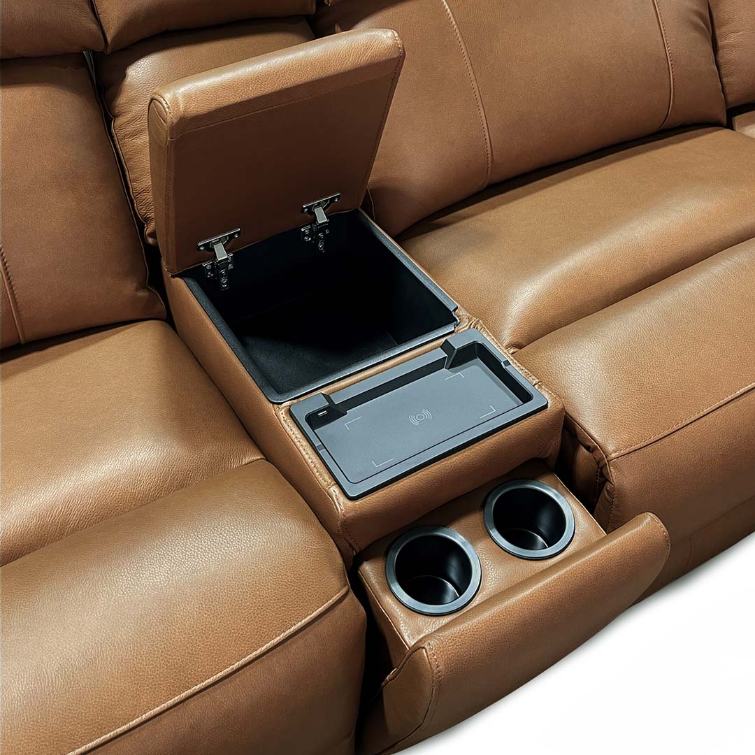 Fonda Leather Power Reclining Sectional (6-Piece) from Cheers in Brown with Cup Holders, Storage - Reclined position
