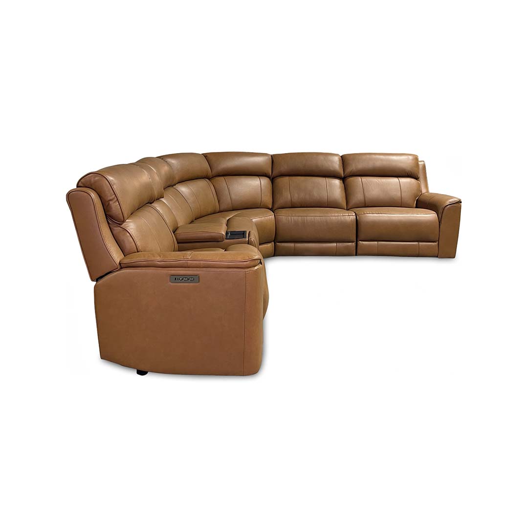 Fonda Leather Power Reclining Sectional (6-Piece) from Cheers in Brown with Cup Holders, Storage - Reclined position