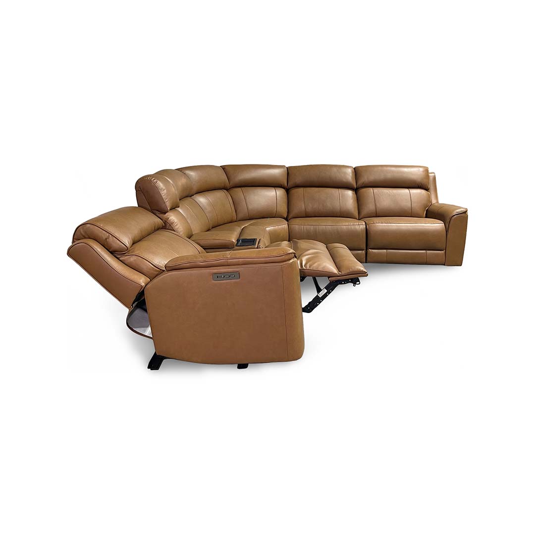 Fonda Leather Power Reclining Sectional (6-Piece) from Cheers in Brown with Cup Holders, Storage - Reclined position