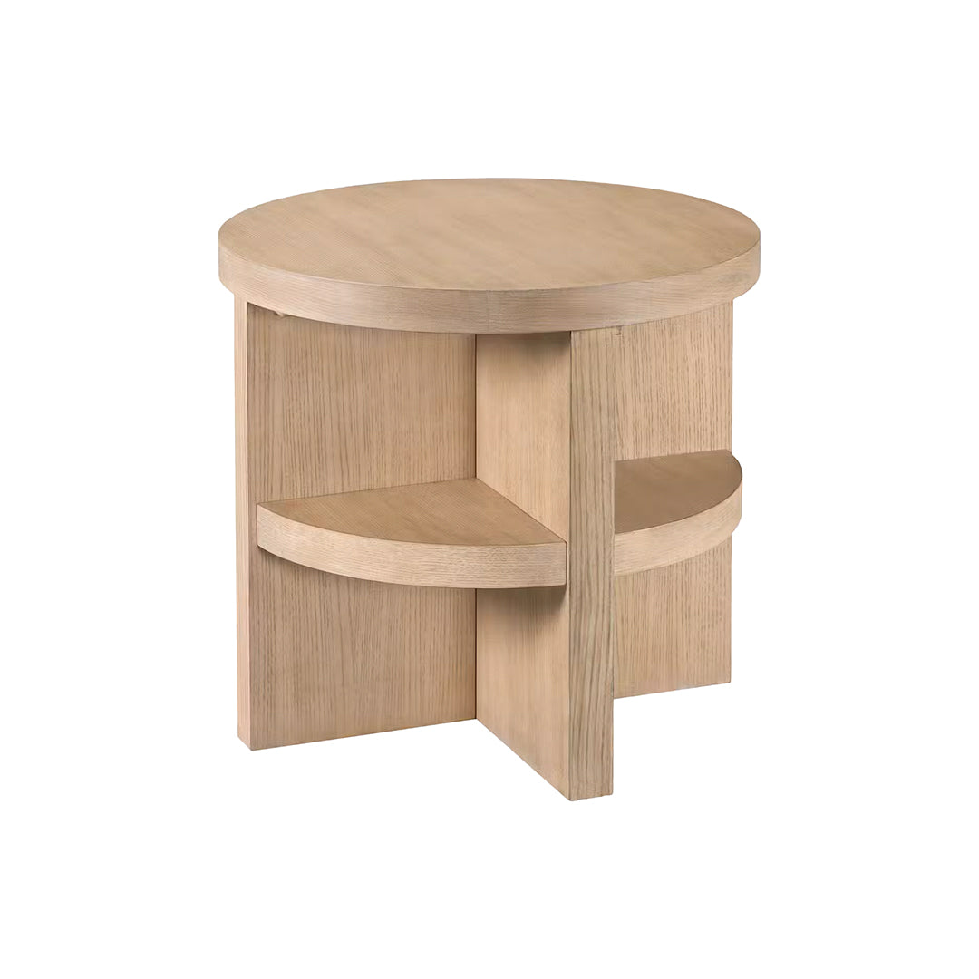 Joybird wooden side table with a round top and two shelves