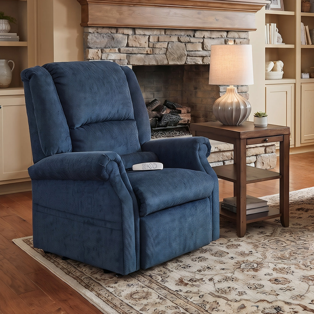 Glendale Power Lift Recliner from Mega Motion in Polyester, Made in USA - Reclined position
