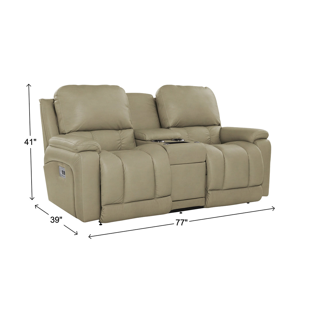 Greyson Leather Power Reclining Loveseat with Console and Wireless Remote from La-Z-Boy Incorporated in Beige, Made in USA - Gray finish