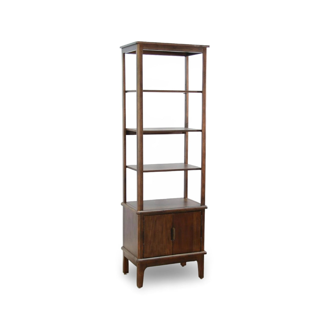 Wooden bookshelf with shelves on a white background