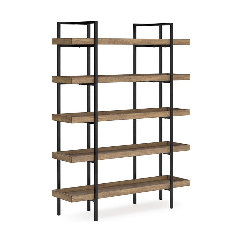 Ladder-style bookcase in a warm brown finish providing vertical storage