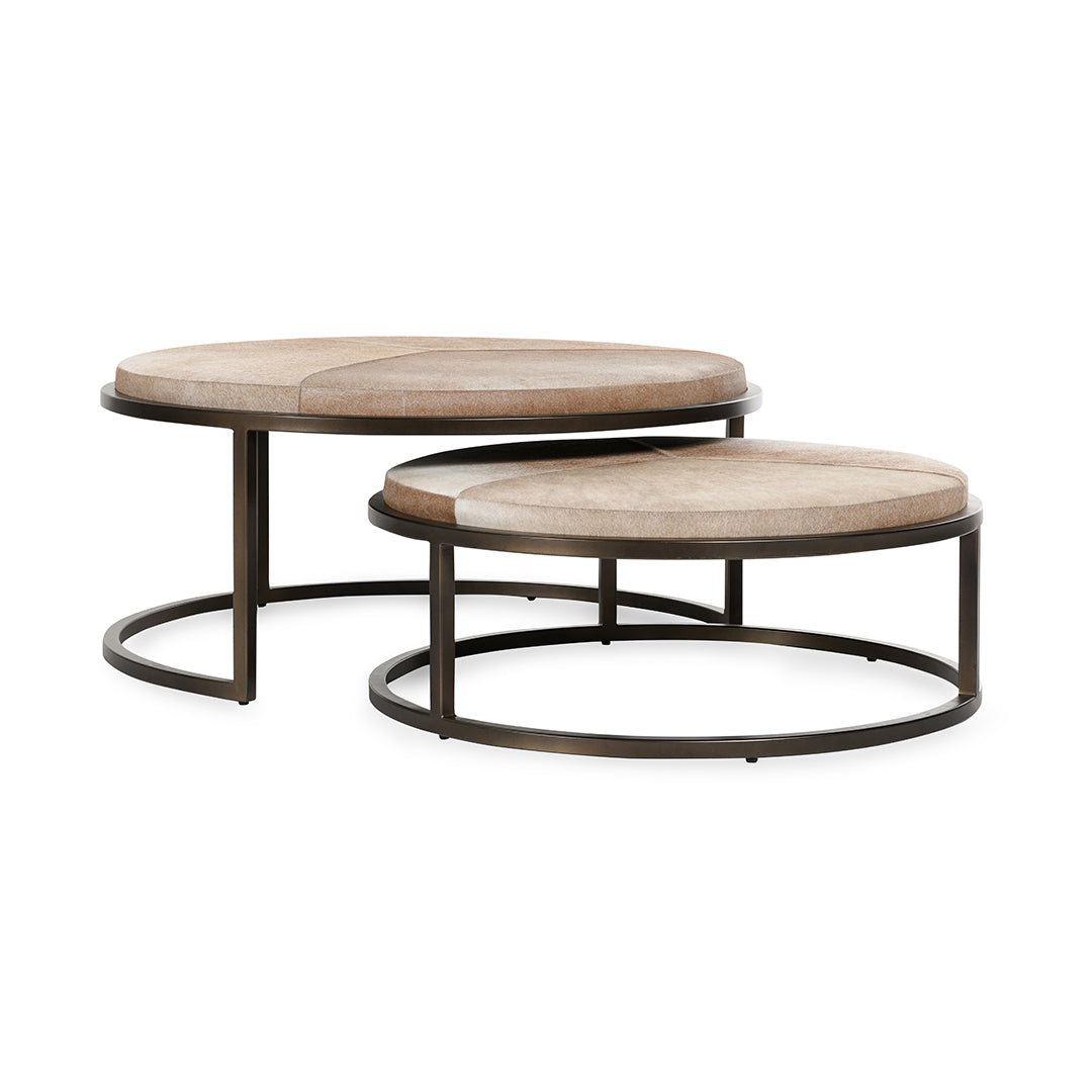 Set of two round coffee tables with wooden tops and metal bases on a white background