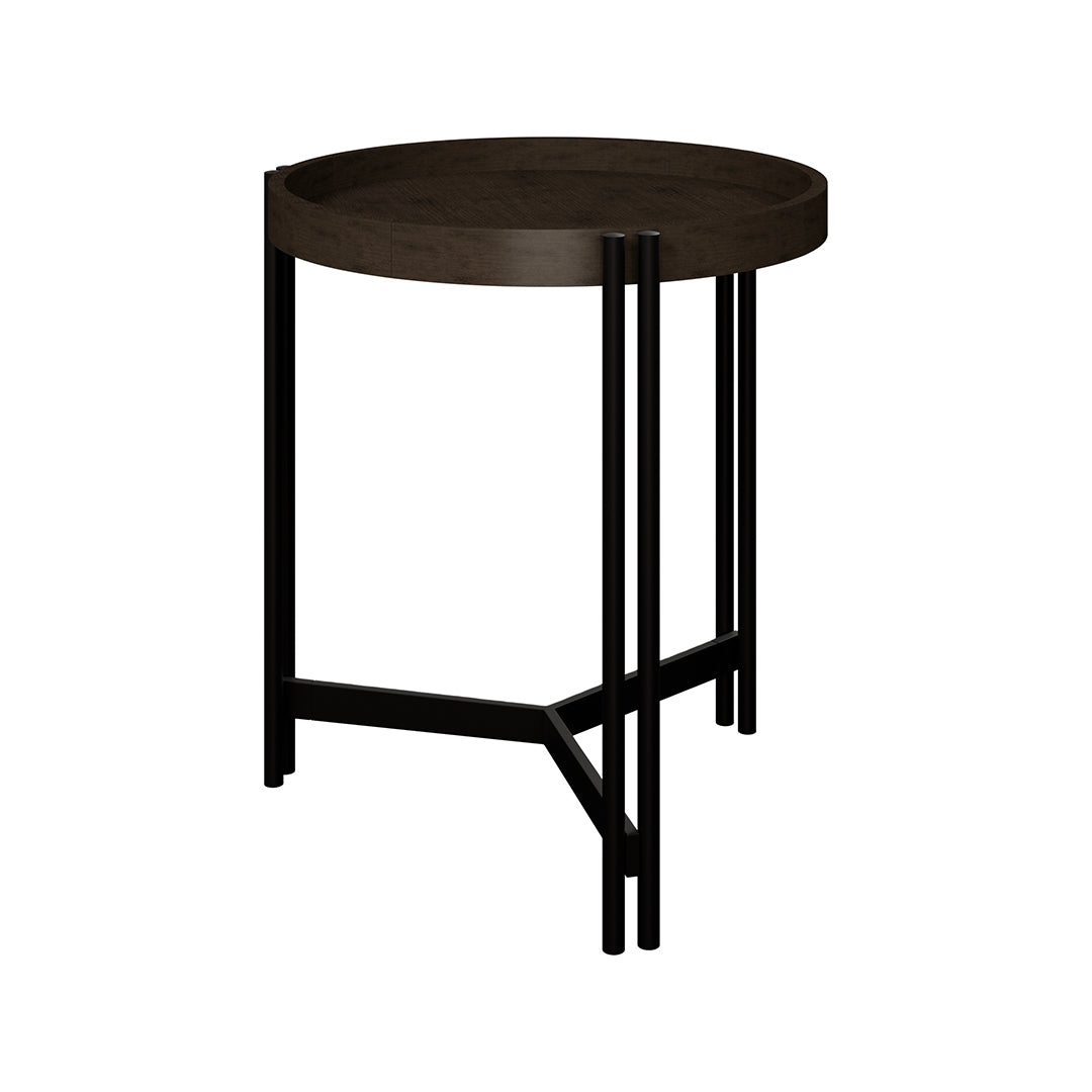 Brown Huron Round Side Table from Emerald Home Furnishing - Side view