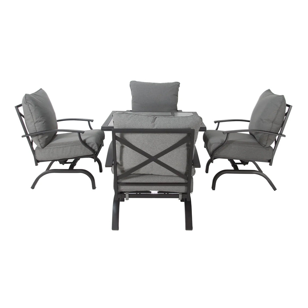 Outdoor furniture set with four swivel rocker chairs and a gas fire pit.