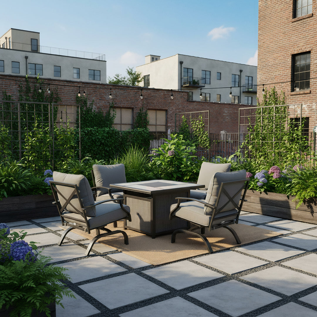 Outdoor patio set with chairs and table on a rooftop garden with buildings in the background