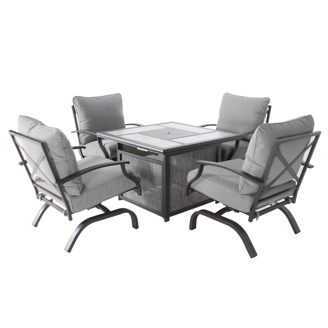 Outdoor patio set with a gas fire pit table and four swivel rocker chairs