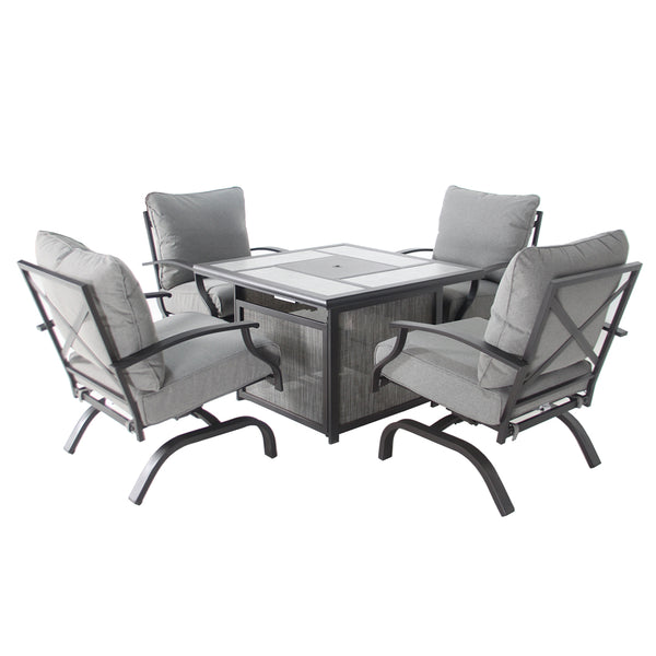 Outdoor patio set with a gas fire pit table and four swivel rocker chairs