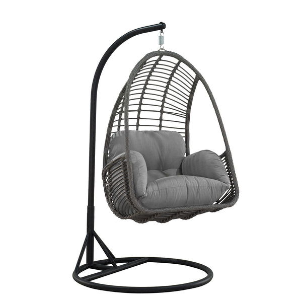 Gray hanging egg chair with black stand 