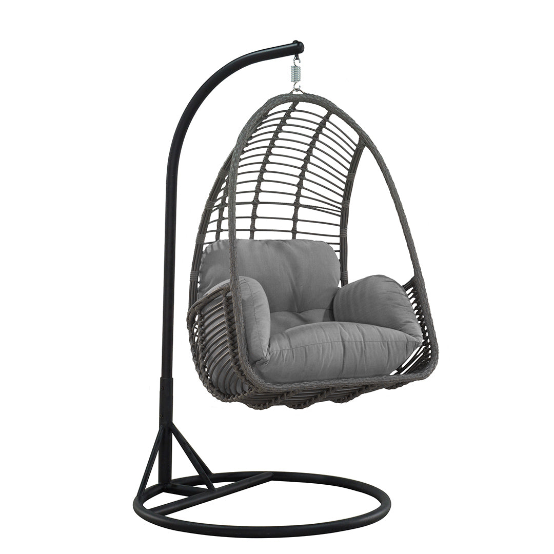Gray hanging egg chair with black stand 