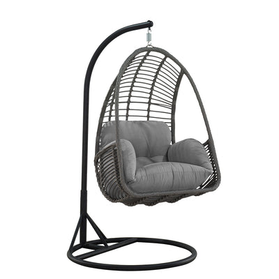Gray hanging egg chair with black stand 