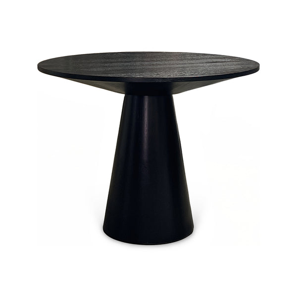 Round counter table with black finish.