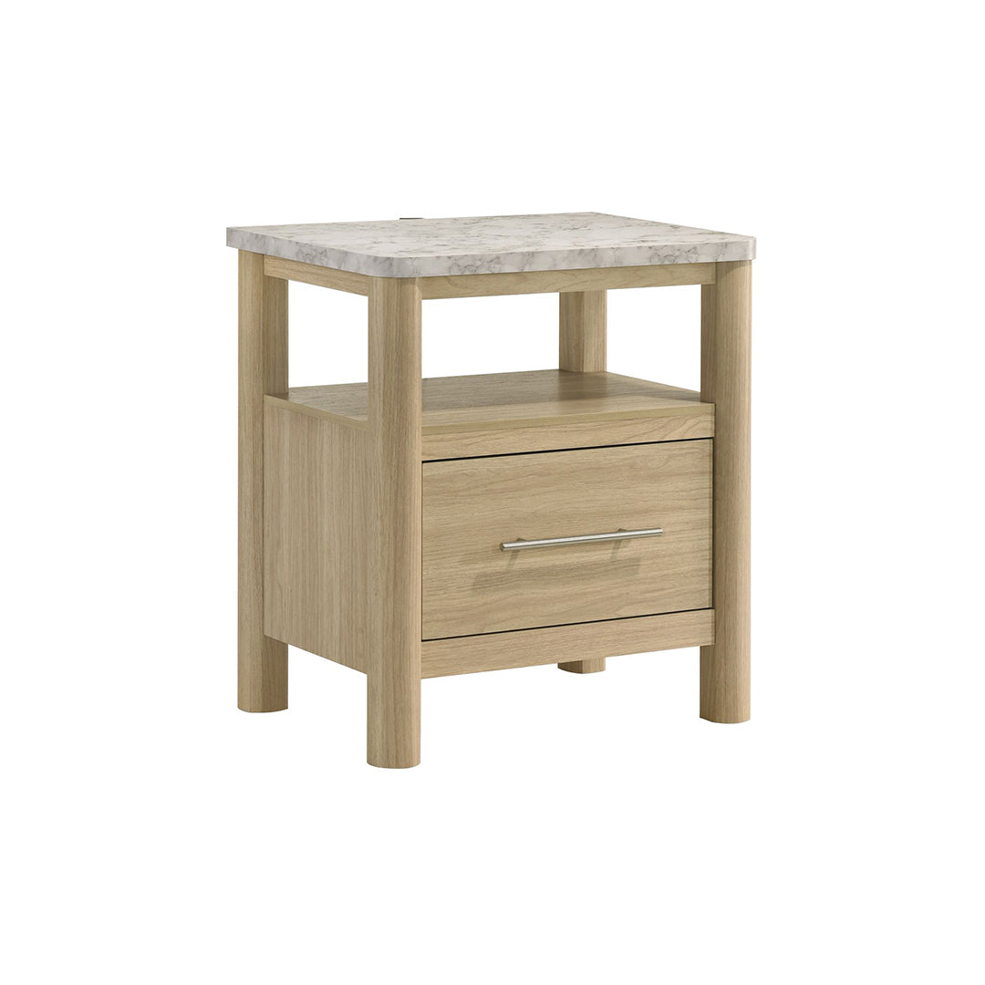 Jonas Nightstand from Elements International in Beige Faux Marble with USB Port - Angle view