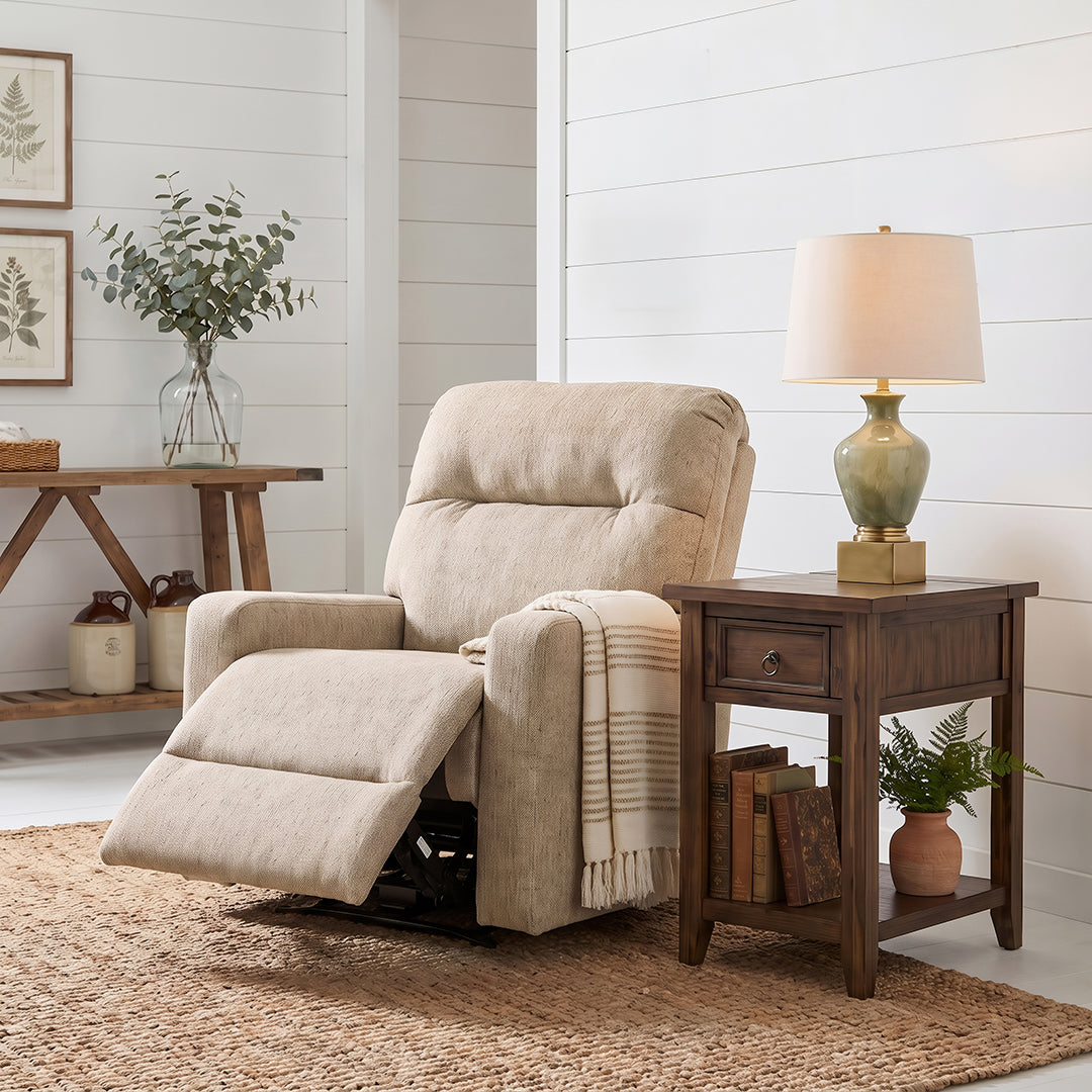 Kenley Space Saver Power Recliner from Best Home Furnishings in Beige Performance Fabric, Made in USA - Reclined position