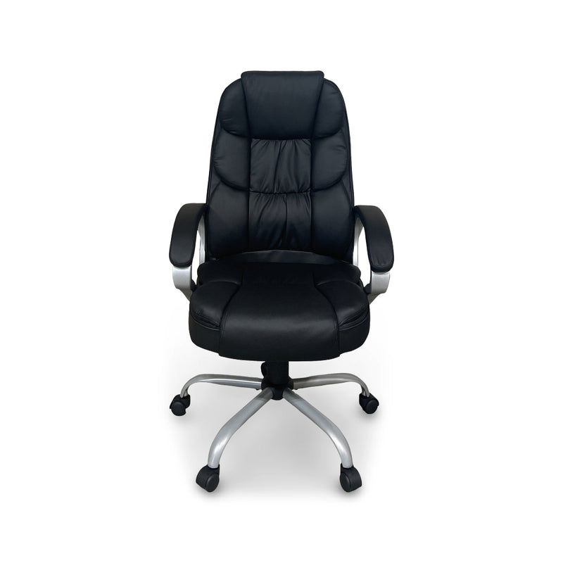 Office chair with padded arms, adjustable height, and rolling casters