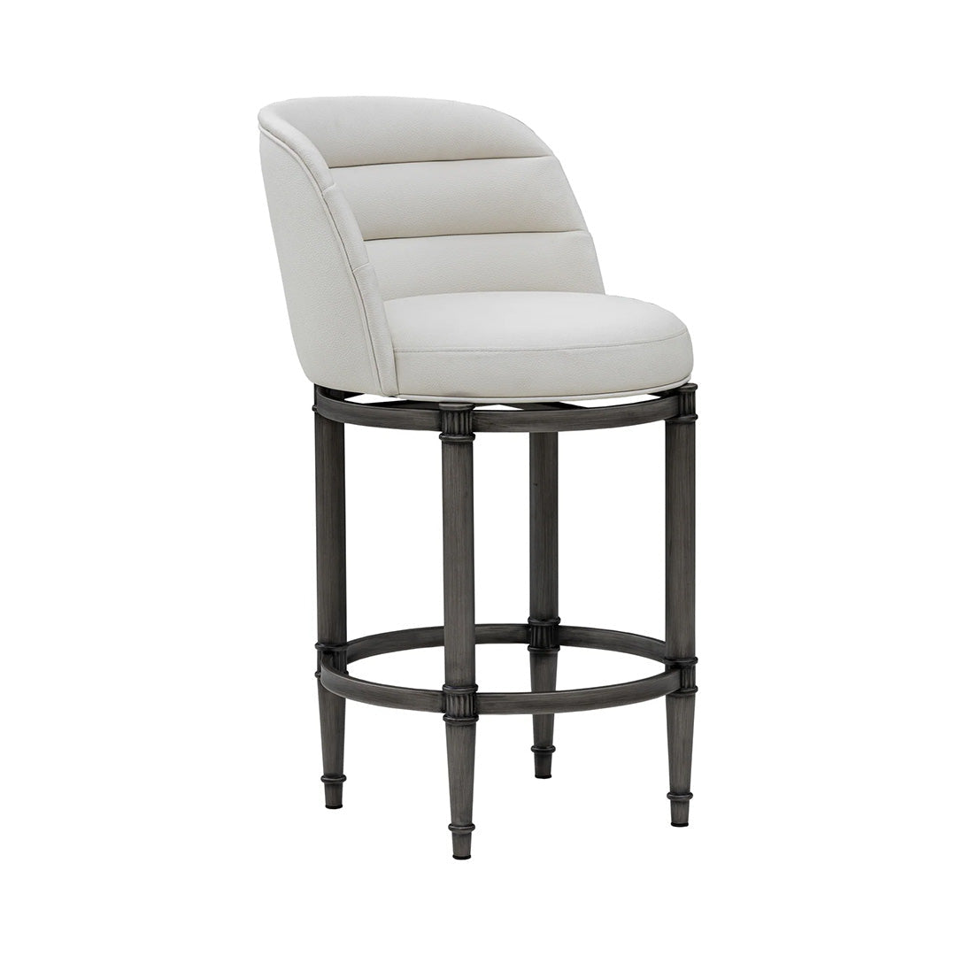 White cushioned bar stool with black metal legs on a white background