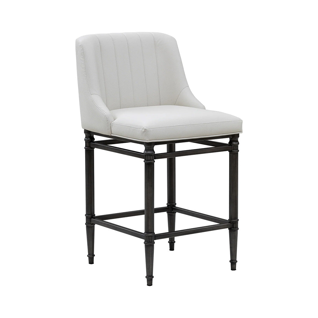 White cushioned bar stool with black metal frame 