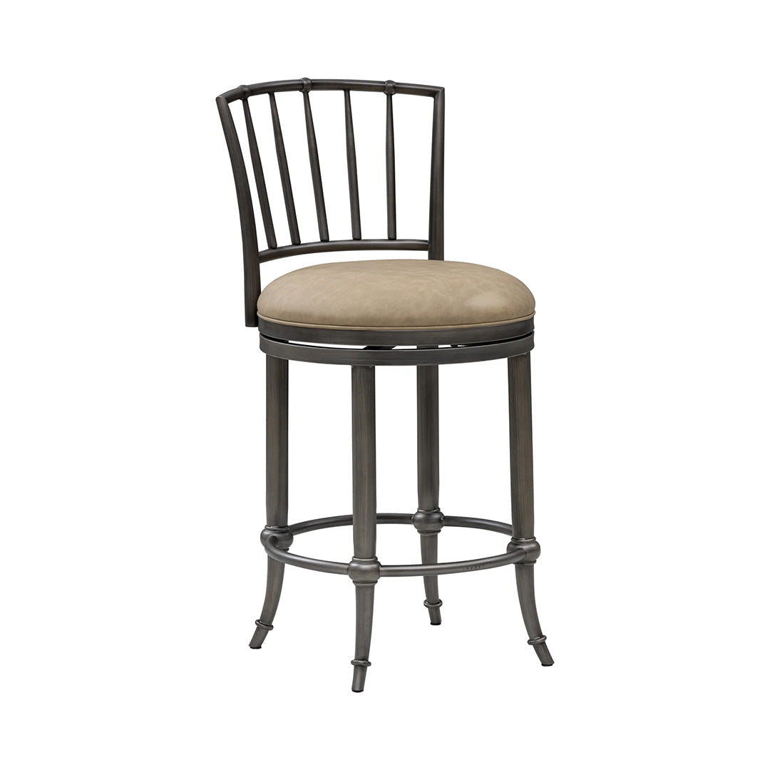 Bar stool with metal frame and beige cushion on a white background