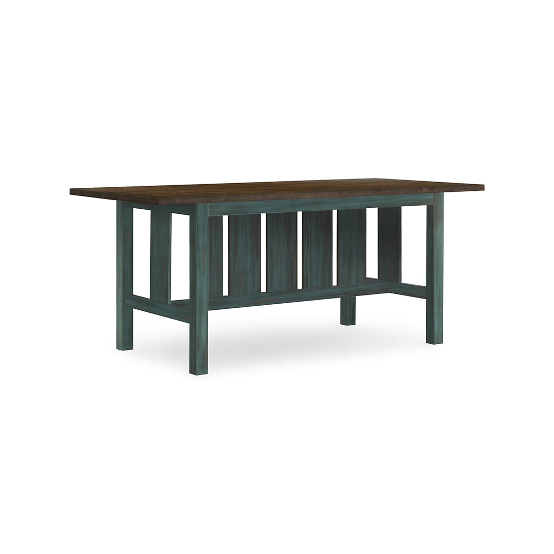 A rustic rectangular table with a dark brown wood top and a distressed teal-green painted frame, shown on a plain white background.