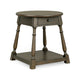 A dark brown wooden end table with a single drawer, turned legs, and a lower shelf