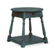 A distressed dark teal-green wooden end table with a single drawer, turned legs, and a lower shelf