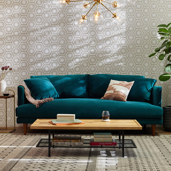 Joybird teal sofa with wooden legs