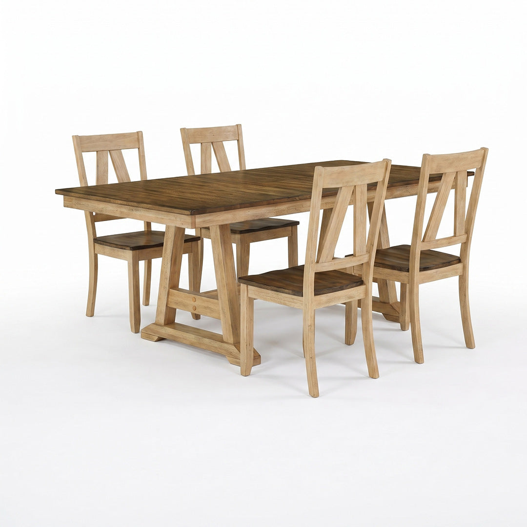 A rustic 5-piece dining set featuring a rectangular wooden table and four matching chairs with a natural wood finish, shown on a seamless white background.