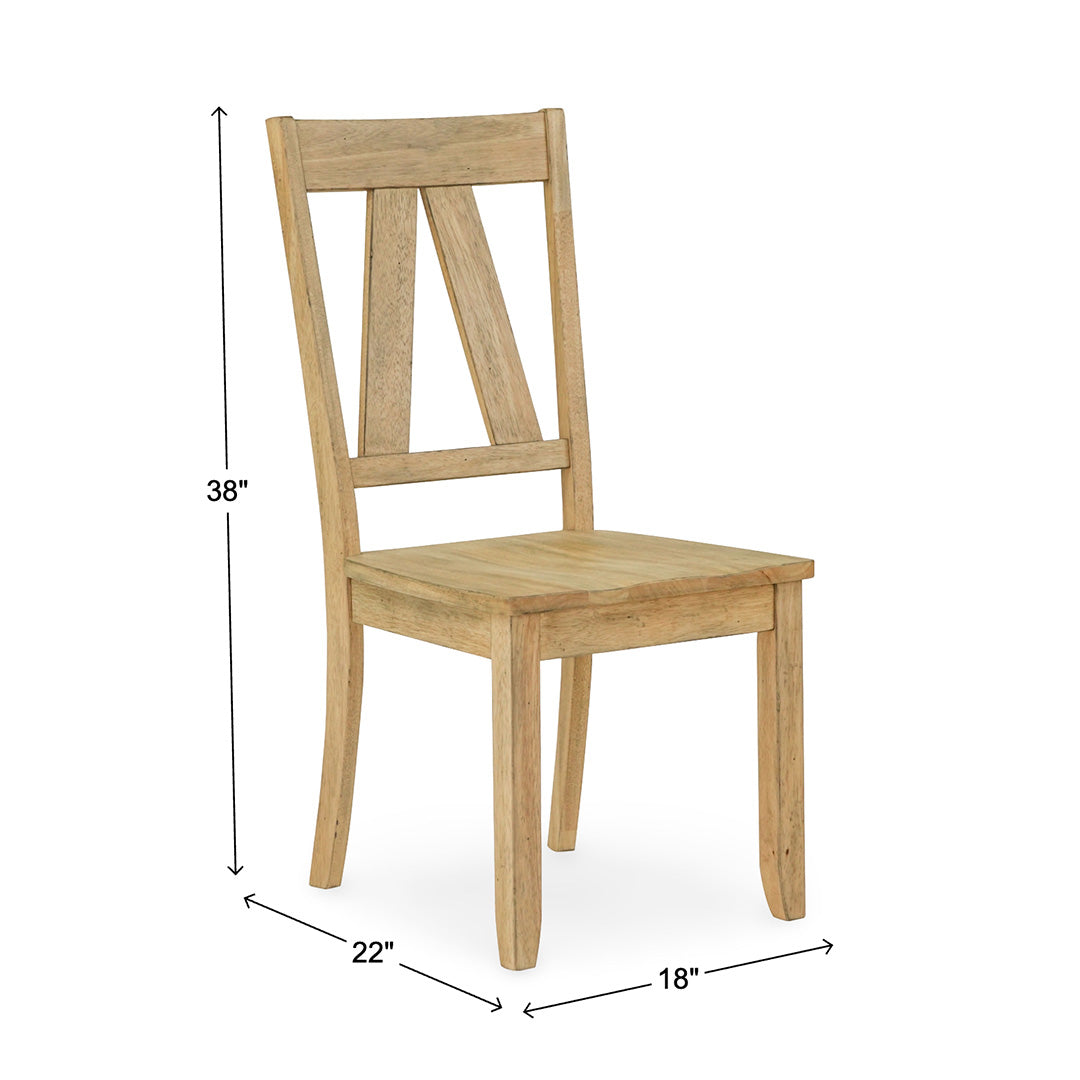 A light natural wood dining chair shown on a white background with dimension arrows and labels indicating a height of 38 inches, width of 22 inches, and depth of 18 inches.