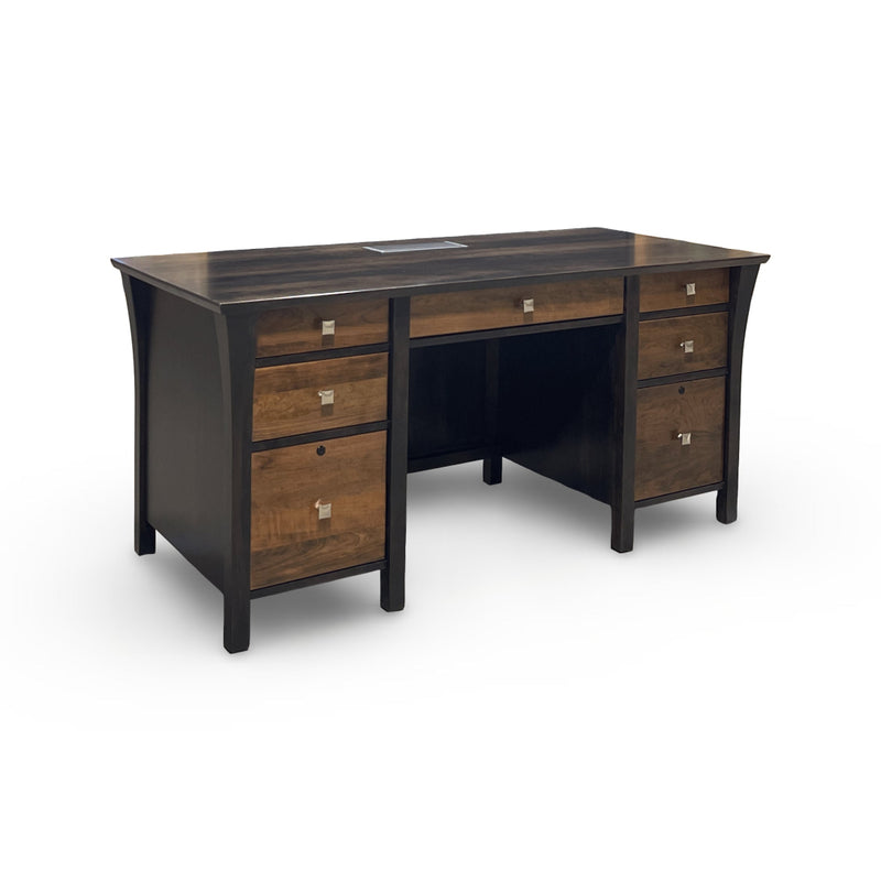 Executive desk with solid wood construction, multiple drawers, and built-in power access