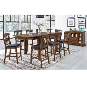 Mariposa Counter Height Dining Set. 5 pc set includes Counter height table with 2 self storing 18" leaves, 4 matching counter stools with slat backs and padded seats. Entire set finished in rustic whiskey.