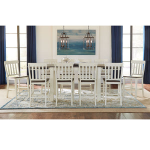 Mariposa Counter Height Set. 5 pc set includes dining height table with 2 self storing 18" leaves, 4 matching dining chairs with slat backs. Entire set finished in white with cocoa bean table top and chair seats.