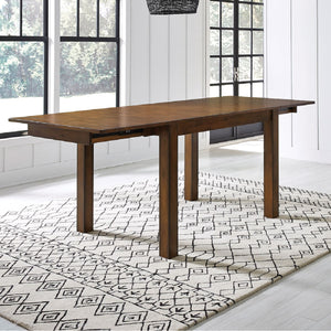 Mariposa Counter Height Table in rustic whiskey finish with both leaves open to show full length of table,