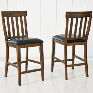 Mariposa Counter Stools. Slat Backs with padded seats finished in rustic whiskey