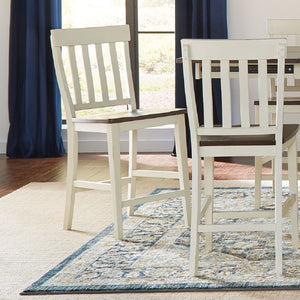 Mariposa Counter Stool. Slat Backs finished in white with cocoa bean colored seats.