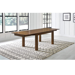 Mariposa Dining Table with 2 leaves opened showing full length of table. finished in rustic whiskey