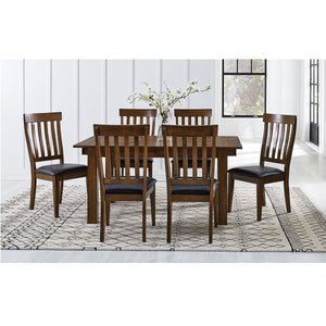 Mariposa Dining Set. 5 pc set includes dining height table with 2 self storing 18" leaves, 4 matching dining chairs with slat backs and padded seats. Entire set finished in rustic whiskey.
