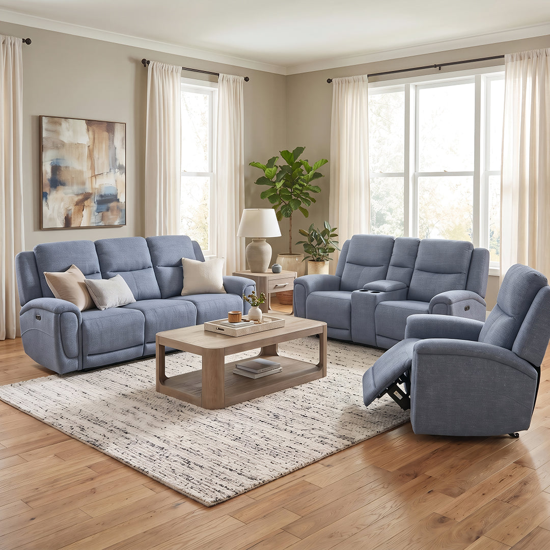 Merritt Power Reclining Loveseat with Console from Kuka Home in Blue Fabric with Cup Holders, Storage - Fabric detail