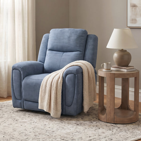 Merritt Power Recliner from Kuka Home in Blue Fabric - Reclined position