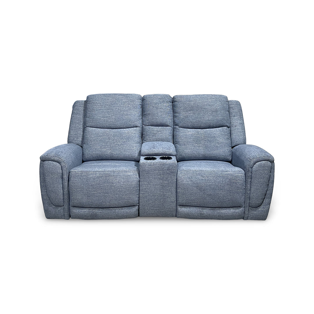 Merritt Power Reclining Loveseat with Console from Kuka Home in Blue Fabric with Cup Holders, Storage - Reclined position