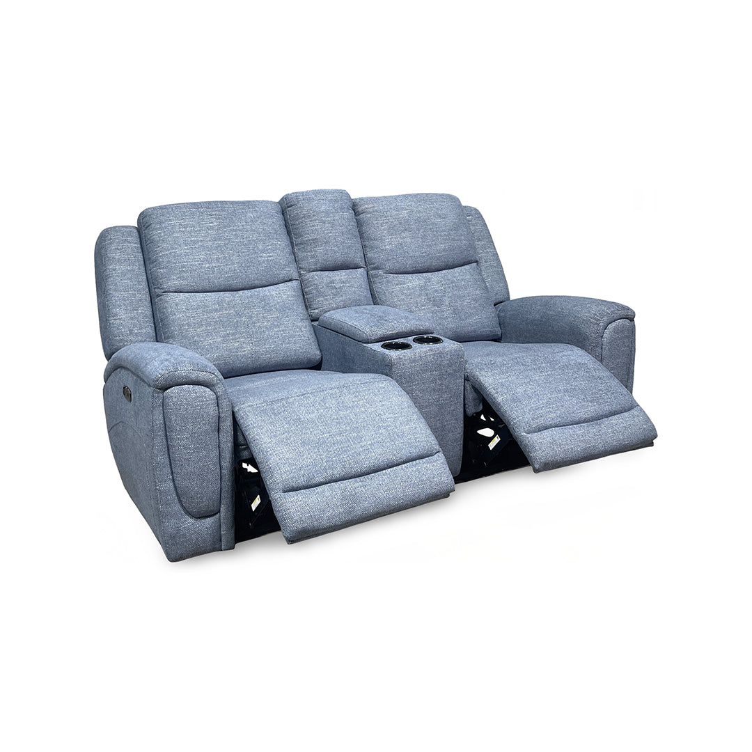 Merritt Power Reclining Loveseat with Console from Kuka Home in Blue Fabric with Cup Holders, Storage - Reclined position