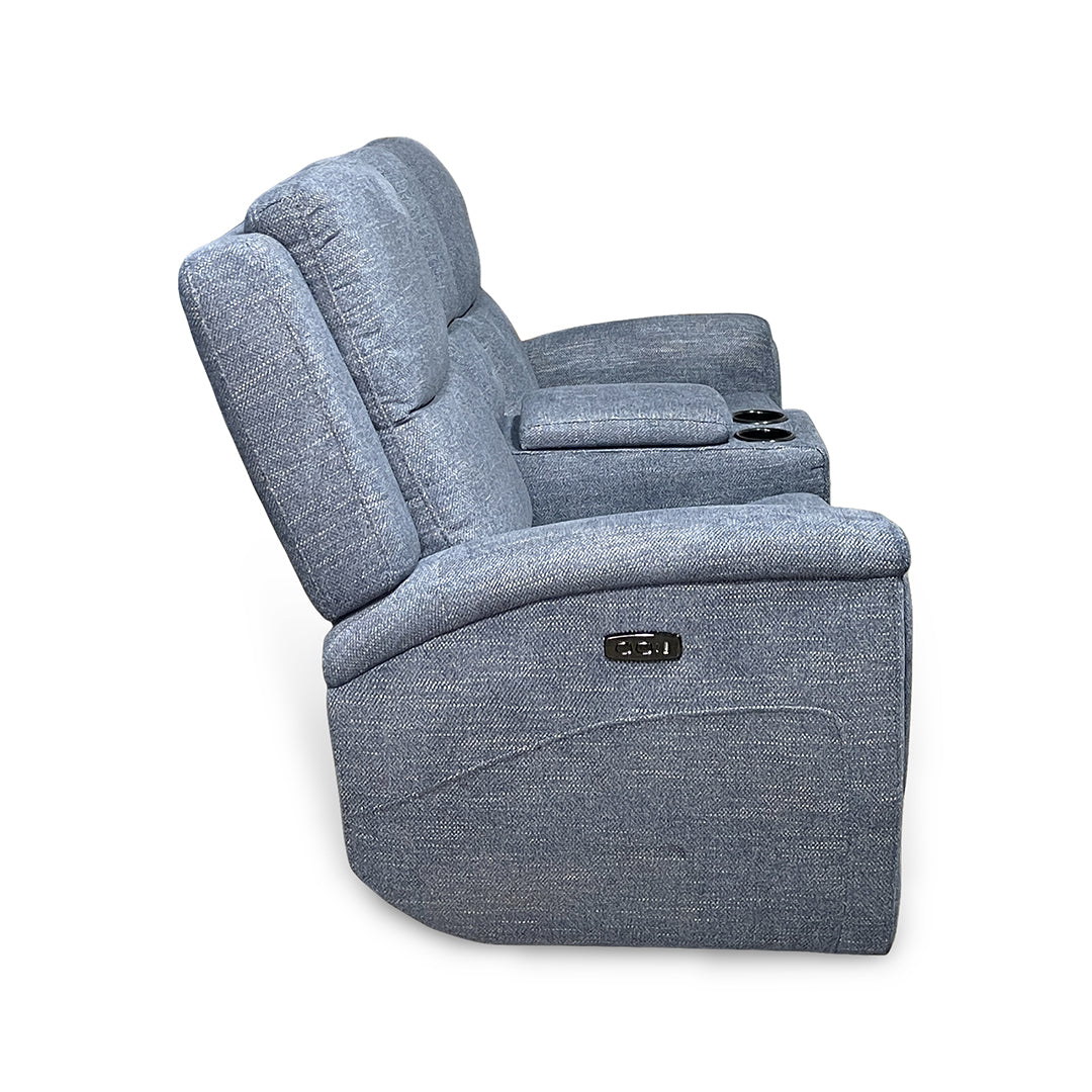 Merritt Power Reclining Loveseat with Console from Kuka Home in Blue Fabric with Cup Holders, Storage - Reclined position