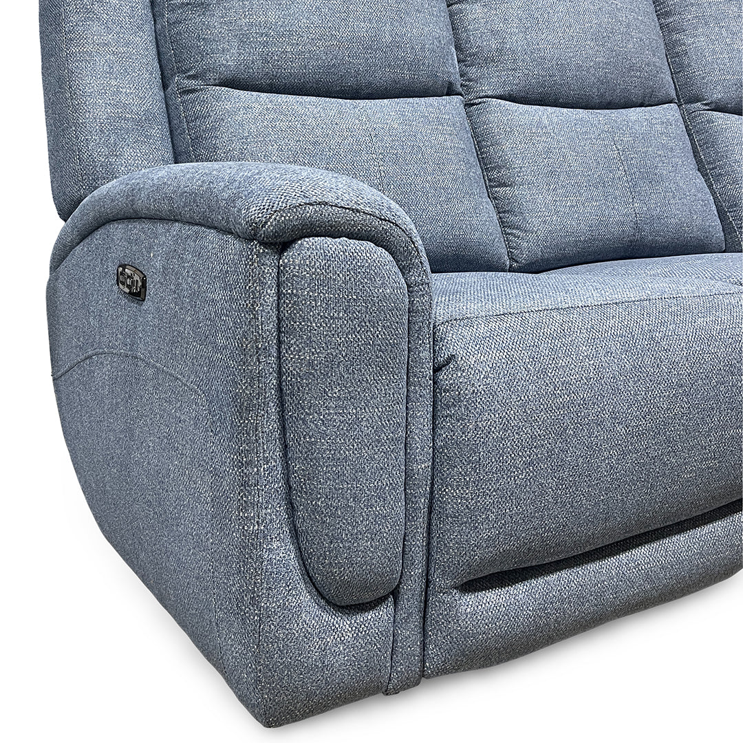 Merritt Power Reclining Sofa from Kuka Home in Blue Fabric with Power Headrest, Power Recline - Reclined position