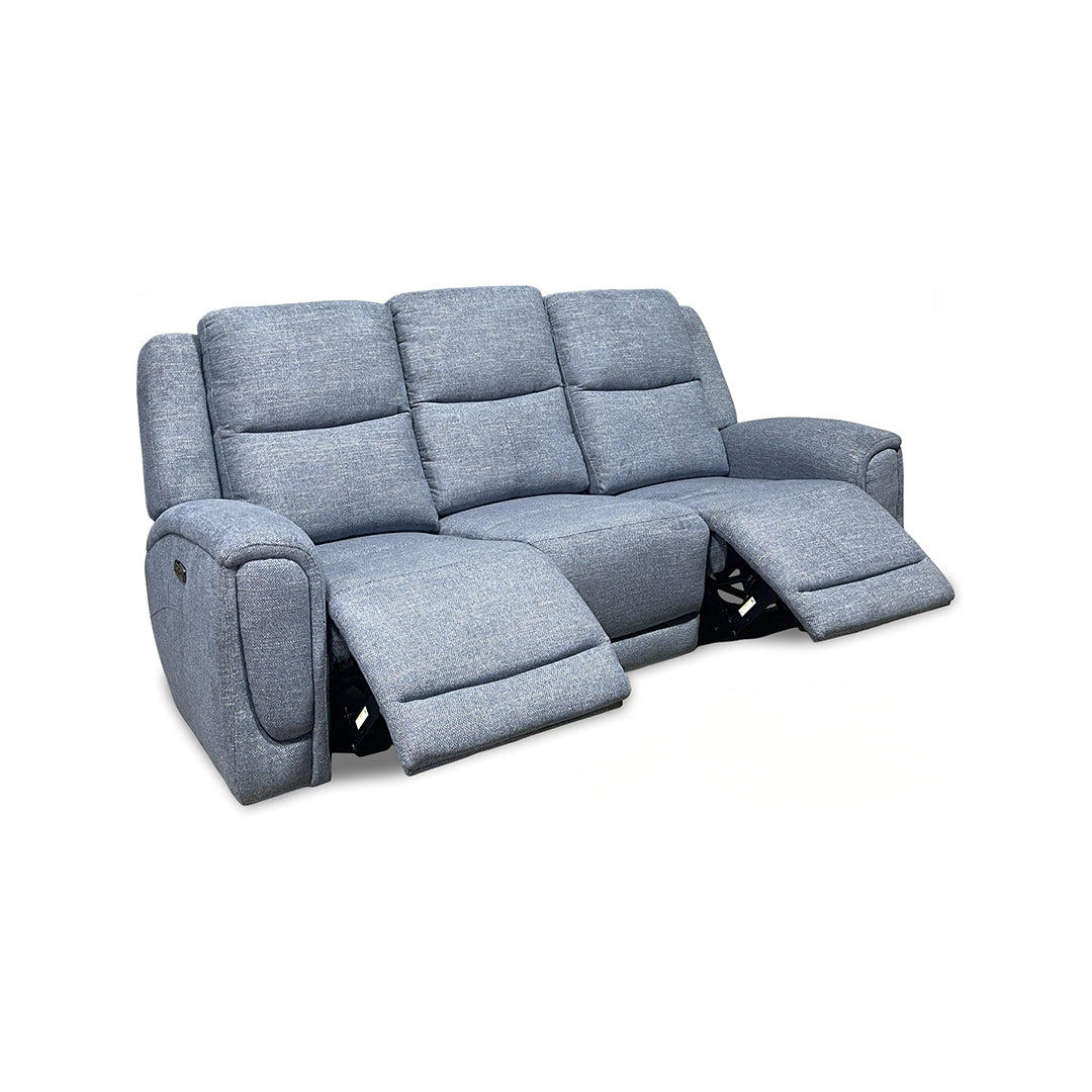 Merritt Power Reclining Sofa from Kuka Home in Blue Fabric with Power Headrest, Power Recline - Reclined position