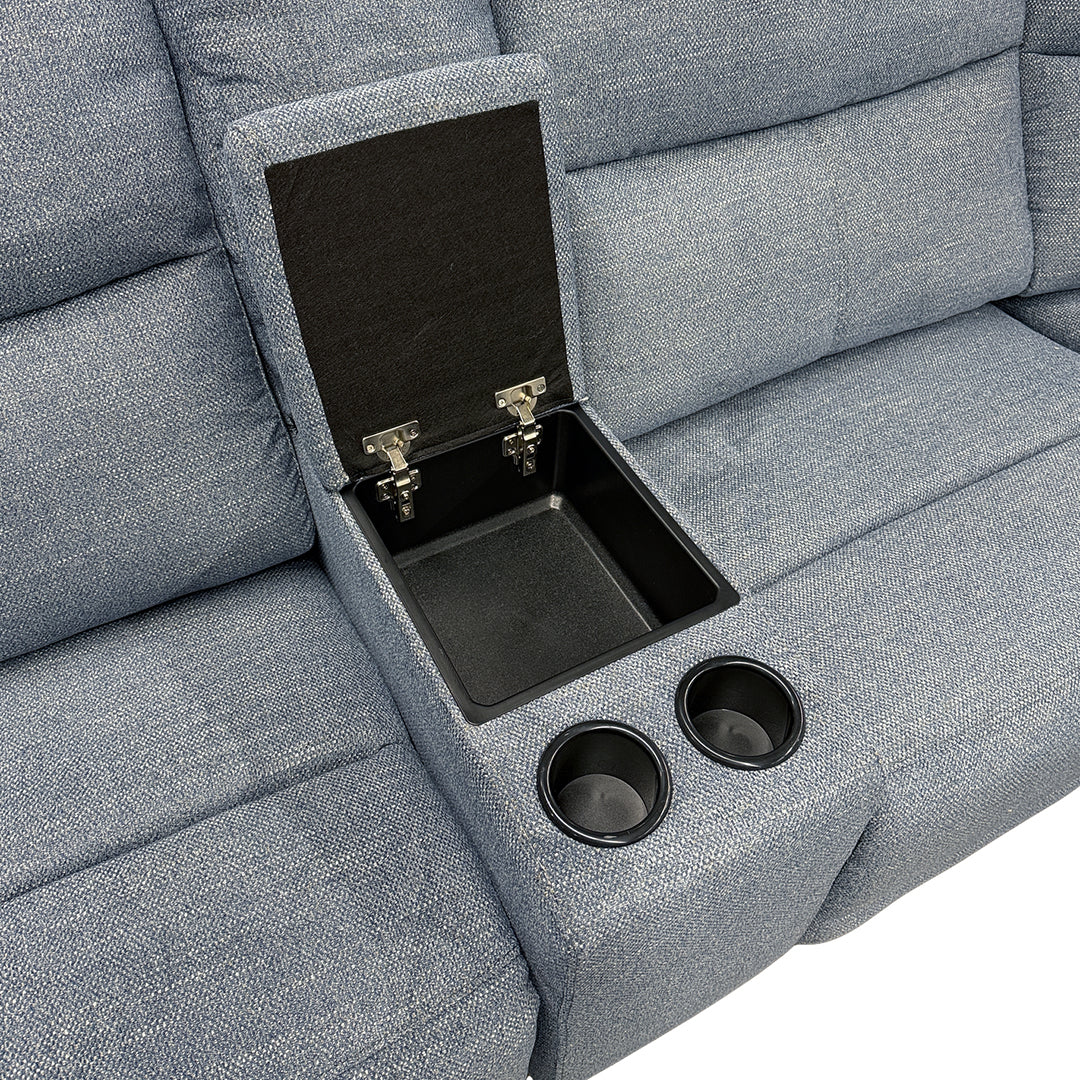 Merritt Power Reclining Sectional (6-Piece) from Kuka Home in Blue Fabric with Cup Holders, Storage - Blue finish