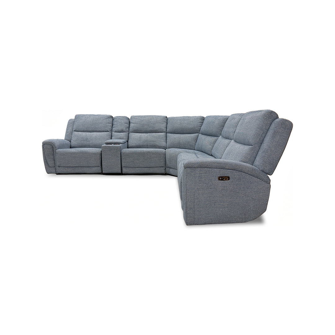 Merritt Power Reclining Sectional (6-Piece) from Kuka Home in Blue Fabric with Cup Holders, Storage - Blue finish
