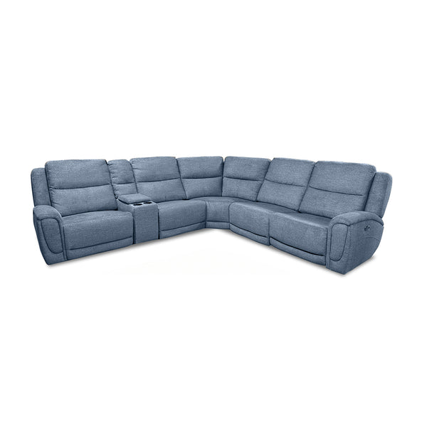 Merritt Power Reclining Sectional (6-Piece) from Kuka Home in Blue Fabric with Cup Holders, Storage - Blue finish